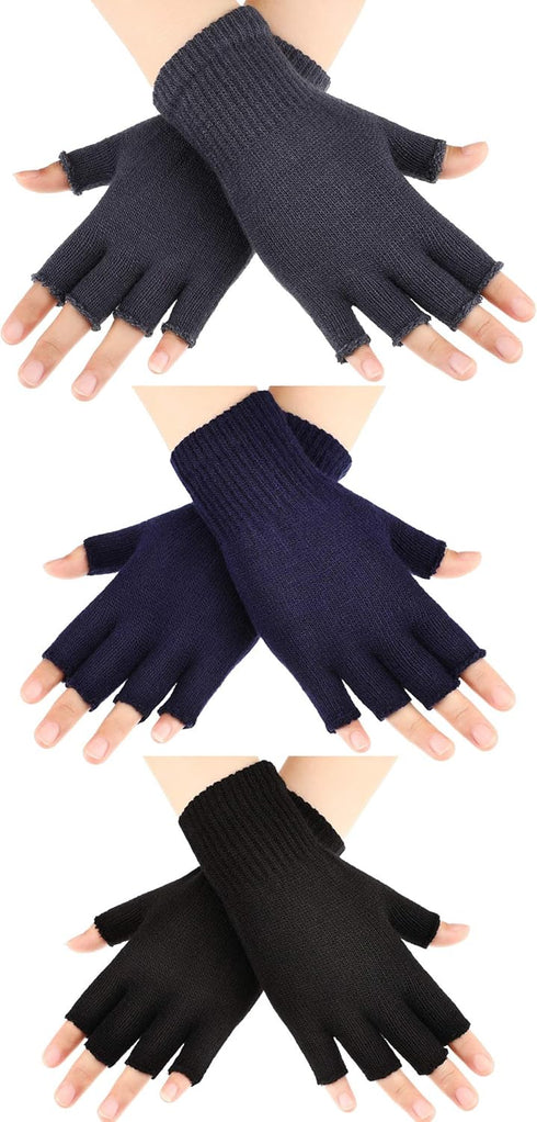SATINIOR 3 Pairs Half Finger Gloves Winter Fingerless Knit Gloves for Men Women, Dark Grey, M...